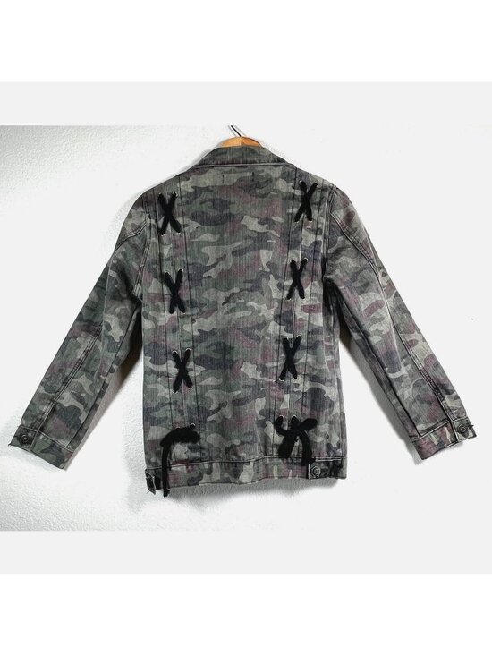 Thrill Jackets & Blazers - Thrill Womens Jean Jacket Green Camo Med Denim Buttons Ties Cotton Hip Length